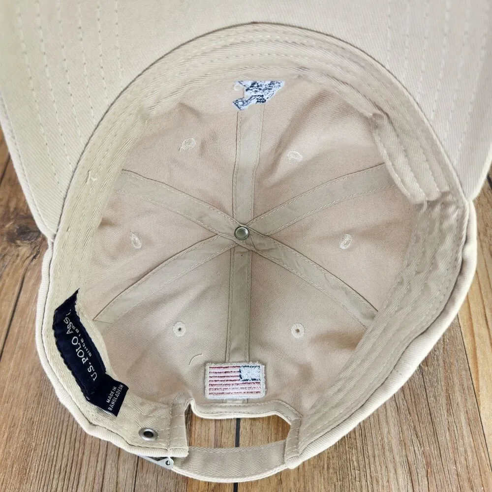 US Polo Assn Dad Hat Beige Embroidered Double Horseman Strapback Baseball Cap